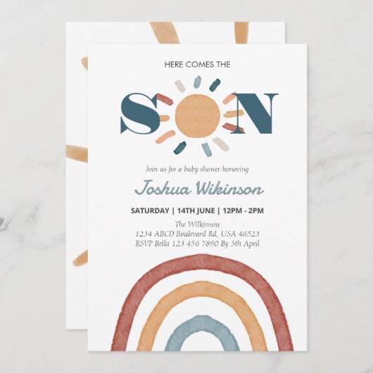 Sun Hier kommt die Son Babydusche Einladung (Vorne/Hinten)