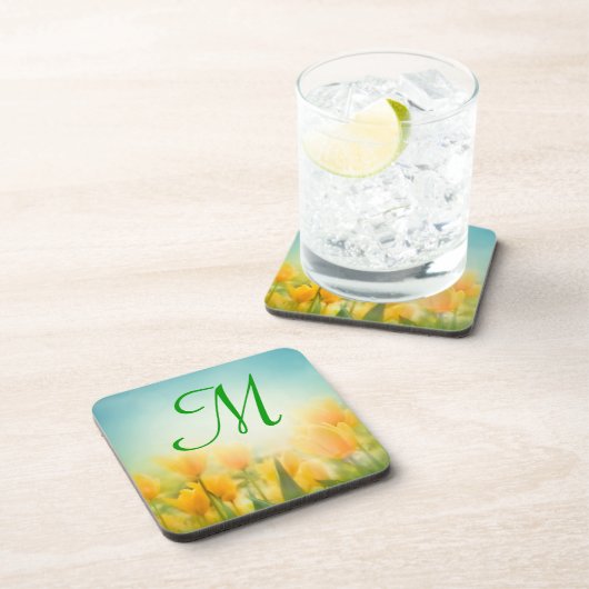 Sun Kissed Yellow Tulips Monogram Drink Untersetze Getränkeuntersetzer (Rechte Seite)