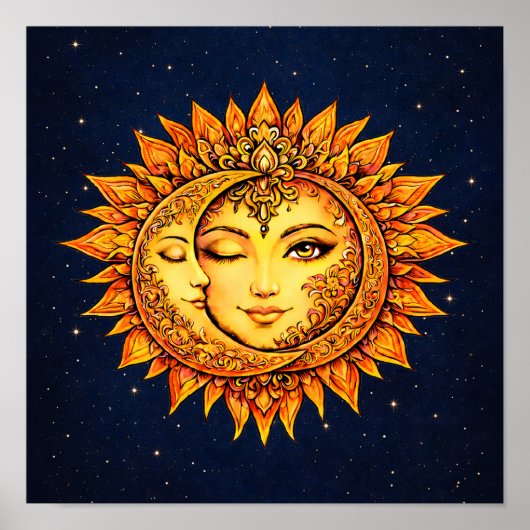 Sun Moon Boho Goddess | Celestial Face Mandala Art Poster (Vorne)