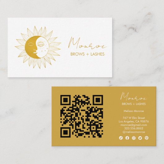 Sun & Moon Boho Golden Elegante QR Soziale Ikonen Visitenkarte (Vorne/Hinten)