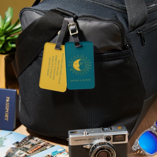 Sun & Moon Boho Line Art Elegant Gold Blue CUSTOM Gepäckanhänger (Vorderseite & Rückseite)