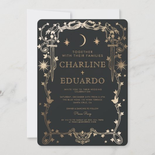 Sun & Moon Golden Ivy Ornament Einladung Hochzeit (Vorderseite)