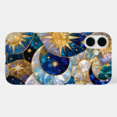 Sun Moon iPhone Case Stained Glass Blue Gold (Rückseite (Horizontal))