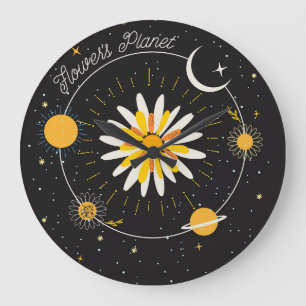 Sun Moon Planets: Graphic Floral Art Große Wanduhr