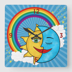 Sun Moon Rainbow Stars Quadratische Wanduhr
