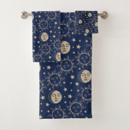 Sun & Moon Retro Magic Navy Blue Vintag Celestial Badhandtuch Set