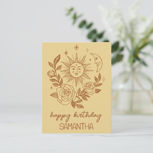 Sun Moon & Rose Boho Magical INDIVIDUELLE NAME BIR Postkarte (Stehend Vorderseite)