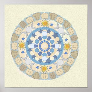 Sun Moon Stars Gelb und Blau Mandala Print Poster
