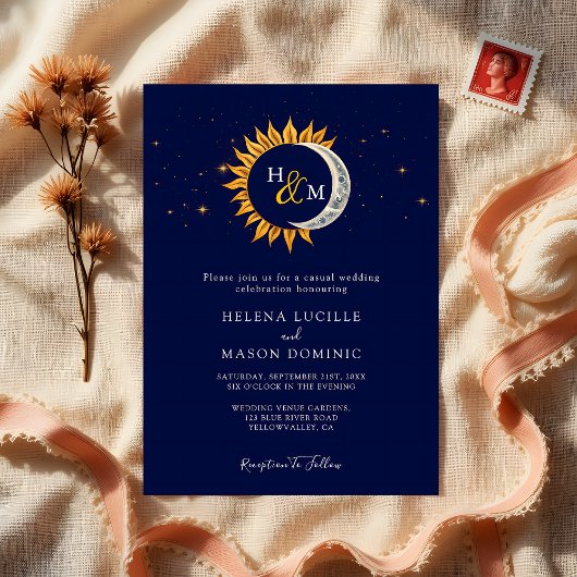 Sun Moon Stars Monogram Navy Blue Wedding Einladung