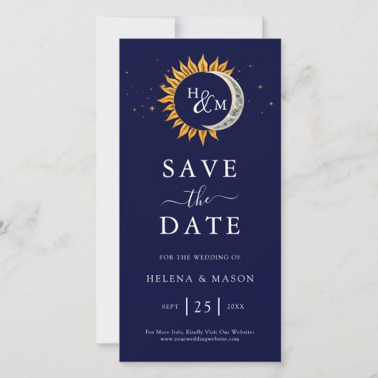 Sun Moon Stars Monogram Navy Blue Wedding Save The Date (Vorderseite)