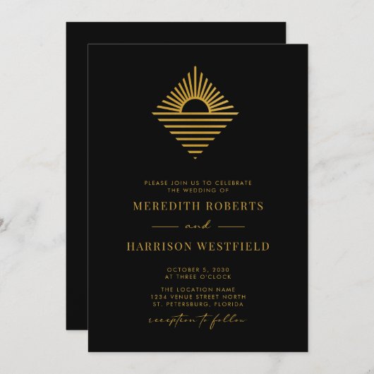Sun Ocean QR Code UAWG Gold auf Black Wedding Einladung (Vorne/Hinten)