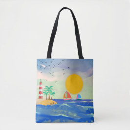 Sun Palm Trees Lighthouse Sailboote Niedliche Schi Tasche