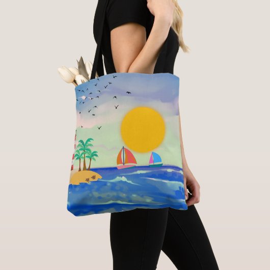 Sun Palm Trees Lighthouse Sailboote Niedliche Schi Tasche (Von Nahem)