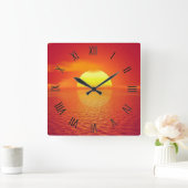  Sun Set Orange Calm Ocean Sonnenuntergang Schwarz Quadratische Wanduhr (Zuhause)