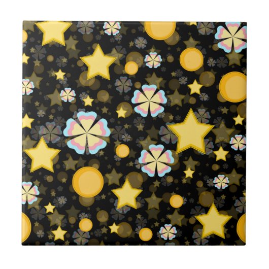 Sun Stars Blume Glitzer Black Design Fliese (Vorderseite)
