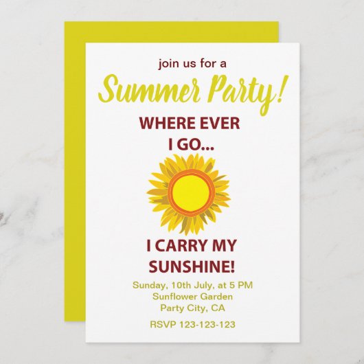 Sun Sunflower Sunshine Summer Party Einladung (Vorne/Hinten)