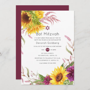 Sun und Burgund Plum Floral Bat Mitzvah Einladung
