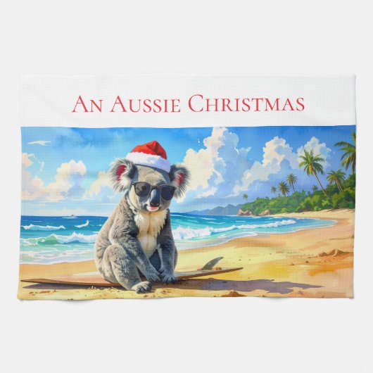 Sun und Surf Koala Weihnachtsmannmütze Ein Aussie Geschirrtuch (Horizontal)