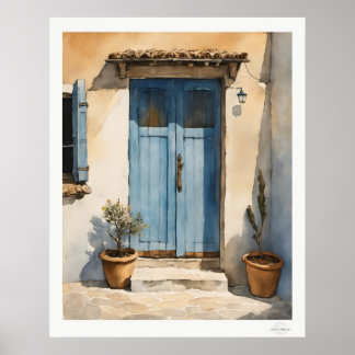 Sun-Washed Blue Village Door Oil Painting Poster