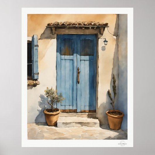 Sun-Washed Blue Village Door Oil Painting Poster (Vorne)