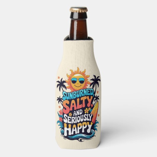 Sunburned Salty and Happy – Retro Beach Vibes Flaschenkühler (Flaschenvorderseite)