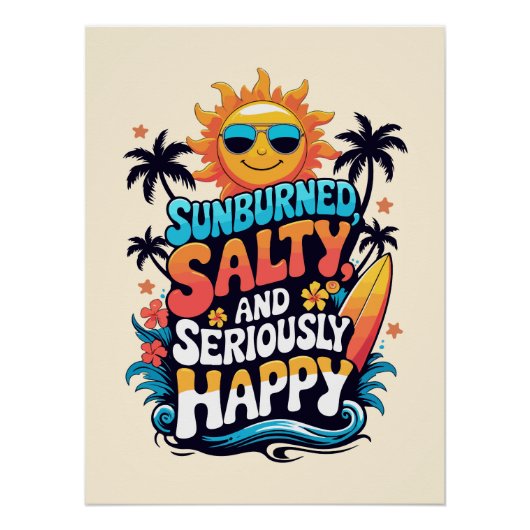 Sunburned Salty and Happy – Retro Beach Vibes Poster (Vorderseite)