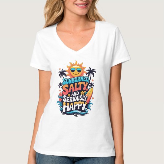 Sunburned Salty and Happy – Retro Beach Vibes T-Shirt (Vorderseite)