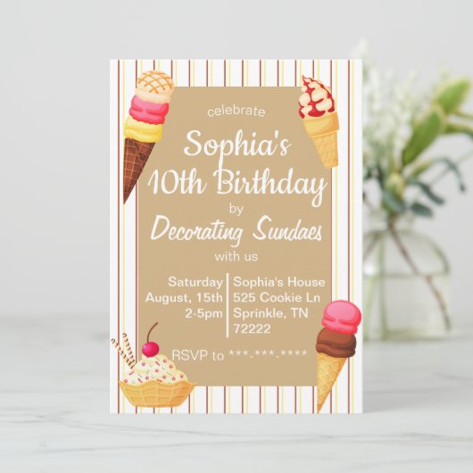 Sundae Decorating Birthday Einladung (Stehend Vorderseite)