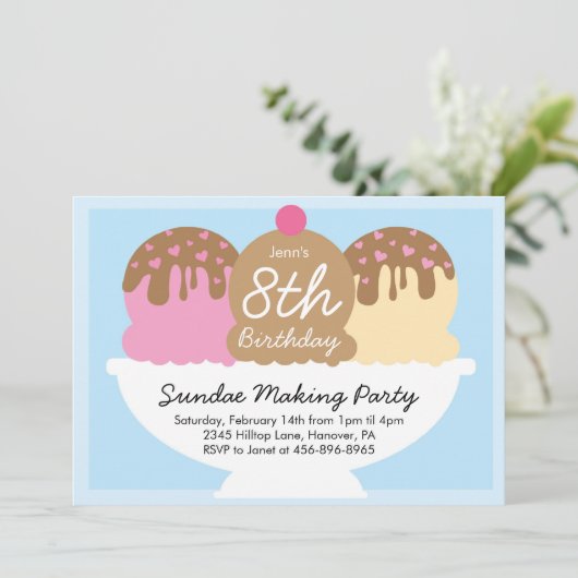 Sundae Making Geburtstagsparty Einladungen (Stehend Vorderseite)