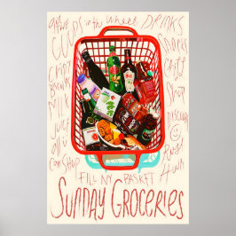 Sunday Groceries Print Red Shopping Basket, Foodie Poster