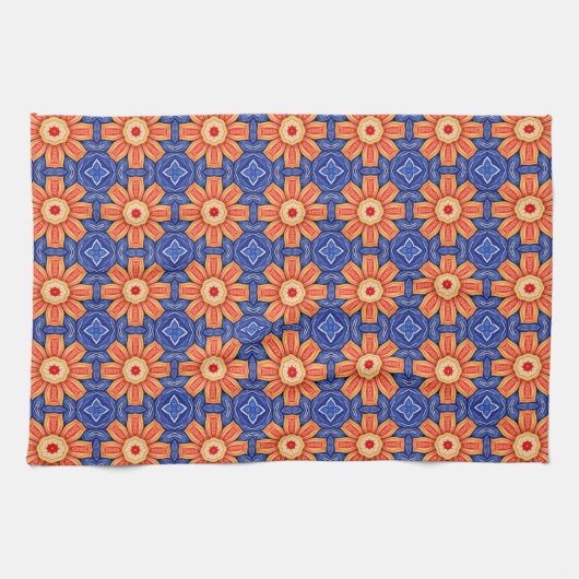 Sunfire Tile - Orange and Blue Sunburgh Pattern Geschirrtuch (Horizontal)