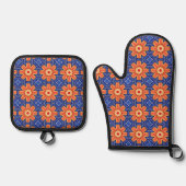 Sunfire Tile - Orange and Blue Sunburgh Pattern Ofenhandschuh & Topflappen-Set (Vorderseite)