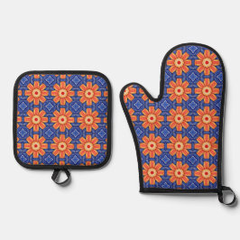 Sunfire Tile - Orange and Blue Sunburgh Pattern Ofenhandschuh & Topflappen-Set