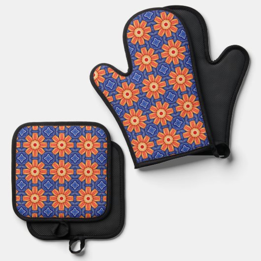 Sunfire Tile - Orange and Blue Sunburgh Pattern Ofenhandschuh & Topflappen-Set (Vorderseite/Rückseite)