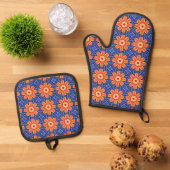 Sunfire Tile - Orange and Blue Sunburgh Pattern Ofenhandschuh & Topflappen-Set (Oben Unten)