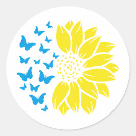 Sunflower and butterflies. Ukrainian flag colours. Runder Aufkleber