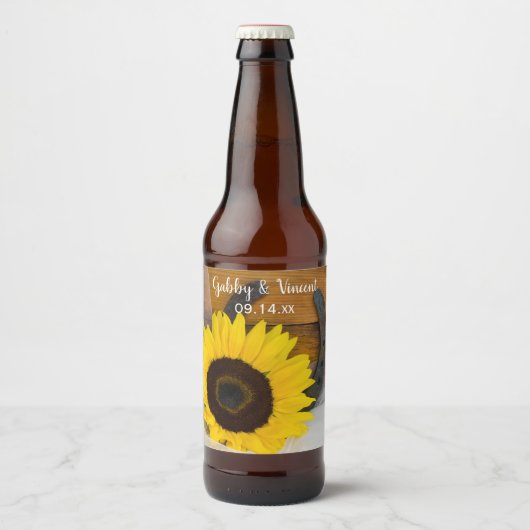 Sunflower and Horseshoe Country Western Wedding Bierflaschenetikett (Vorderseite)