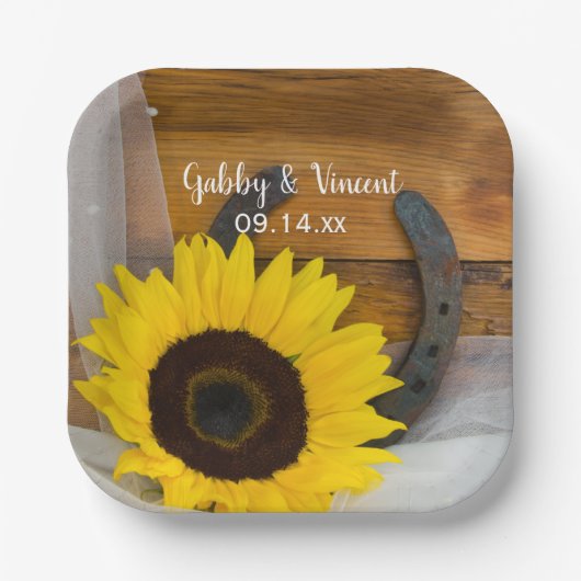 Sunflower and Horseshoe Country Western Wedding Pappteller (Vorderseite)