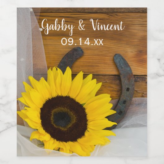 Sunflower and Horseshoe Country Western Wedding Weinetikett (Einzelnes Label)