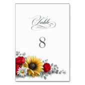 Sunflower and Red Rose Floral Wedding Tischnummer (Vorderseite)