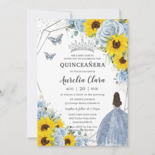 Sunflower Baby Blue Floral Princess Quinceañera Einladung (Vorderseite)