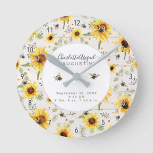Sunflower Bee Rustic Wood Yellow Birth Stats Baby Runde Wanduhr