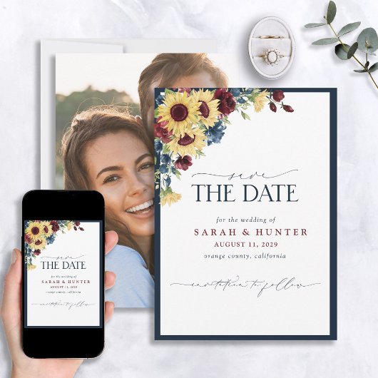 Sunflower Blue Burgundy Script Foto Wedding Save The Date