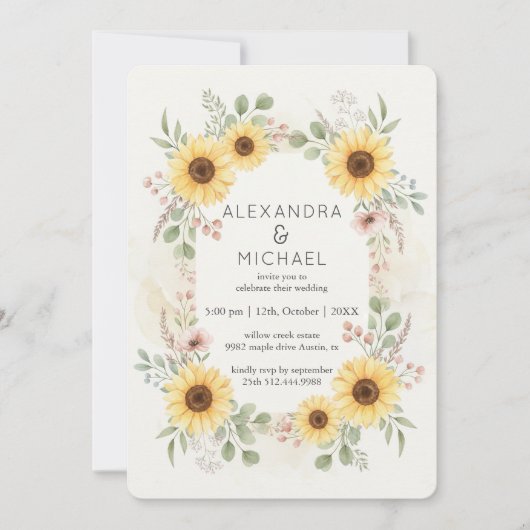 Sunflower Botanical Rustic Wedding Invitation Einladung (Vorderseite)