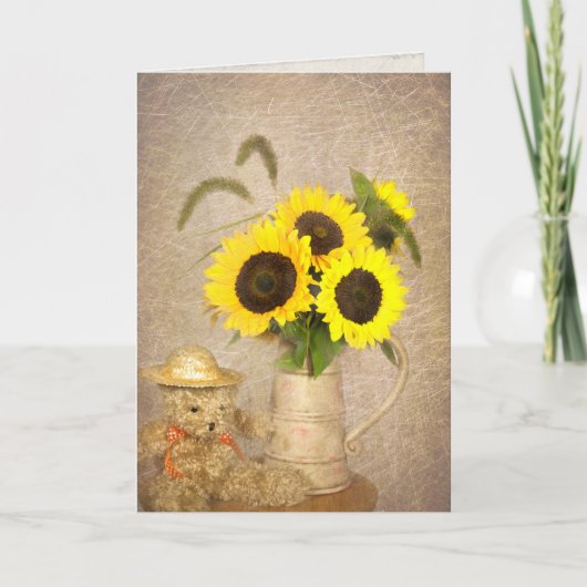 Sunflower bouquet and teddy bear thinking of you karte (Vorderseite)