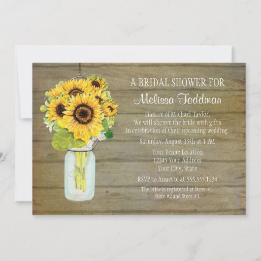 Sunflower Bouquet Rustikales Land Mason Jar Bridal Einladung (Vorderseite)