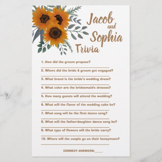 SUNFLOWER BRIDE & GROOM TRIVIA DUSCHKARTE FLYER (Vorne)
