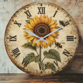 Sunflower & Bumble Bee Rustic Farmhouse Große Wanduhr