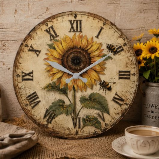 Sunflower & Bumble Bee Rustic Farmhouse Große Wanduhr