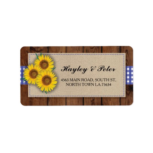 Sunflower Burlap Blue Karo Elegante Adressetikette Adressaufkleber (Vorne)